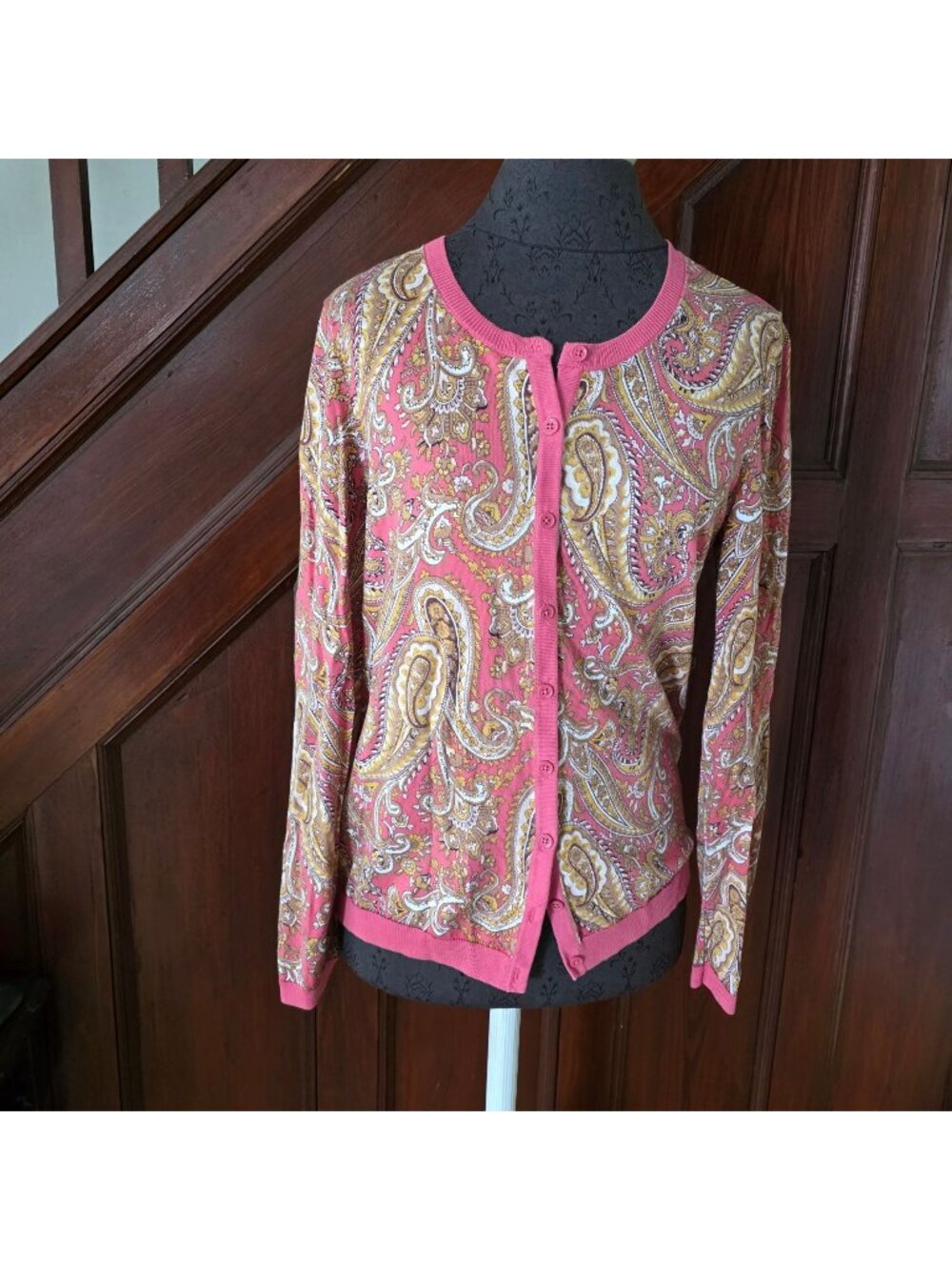 Talbots Pink Paisley Button-Front Cardigan Sweater Womens Medium Cotton Blend